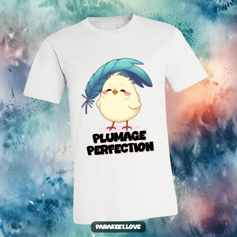 Funny t-shirt with a fluffy, round bird character playfully trying to balance a big, colorful feather on its beak. Charming and humorous.