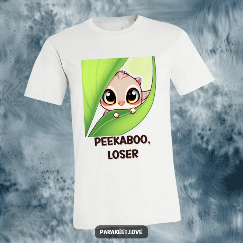 Funny t-shirt showcasing a small, curious winged creature with big eyes peeking from behind a vibrant green leaf, bursting with cuteness.