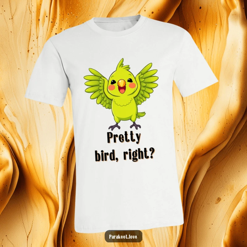 Funny Parrot T-Shirt showing a bright green parrot playfully squawking with wings spread wide, perfect for bold and energetic wear.