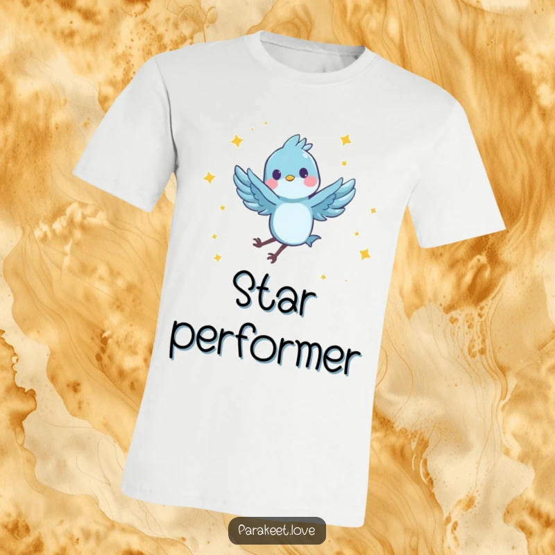 Funny t-shirt with a tiny, blue feathered character joyfully performing a spinning leap in the air, surrounded by tiny stars. Playful and energetic.
