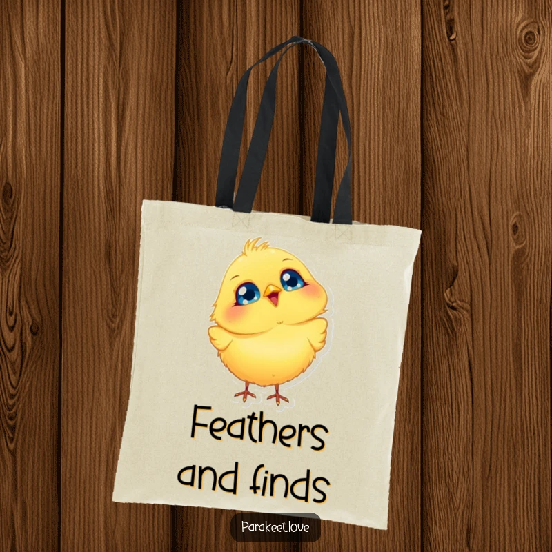 Funny Bird Tote Bag depicting a fluffy yellow bird with big blue eyes, joyfully bobbing its head, ideal for shopping and carrying happiness.