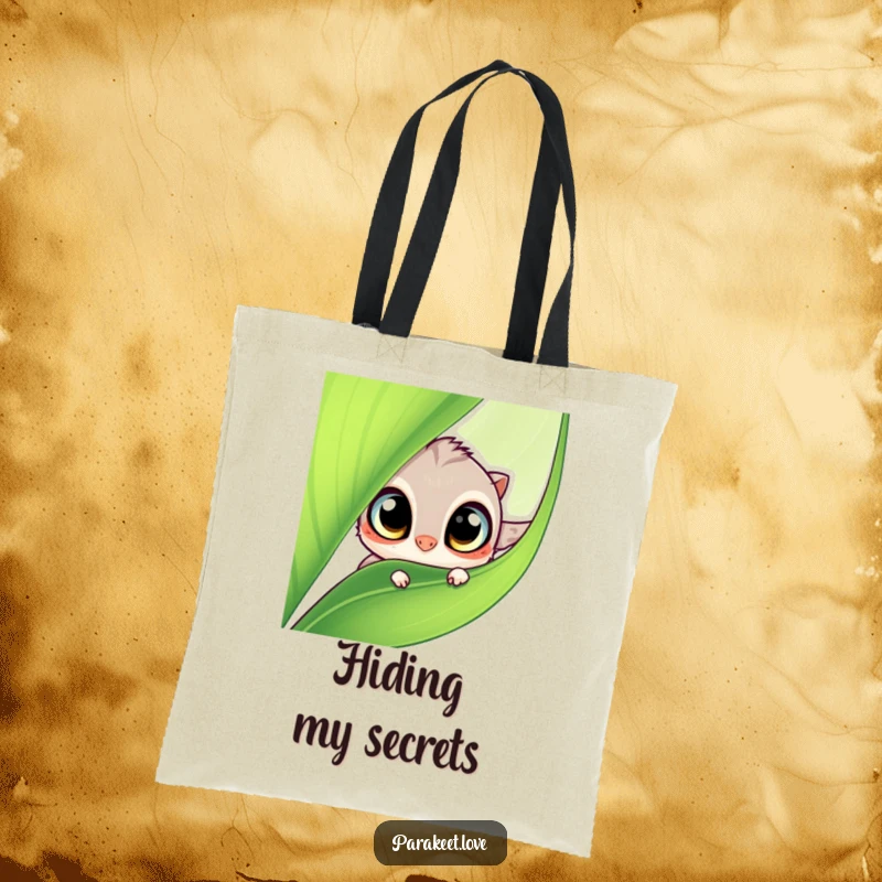 Funny tote bag featuring a small winged creature with big, curious eyes peeking out from a vibrant green leaf. Stylish and humorous.