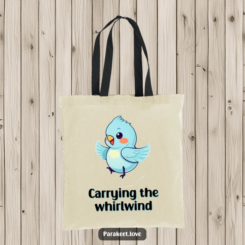 Funny blue parakeet tote bag showcasing a tiny bird in a delightful spinning motion, adding cheerful vibes to your day.